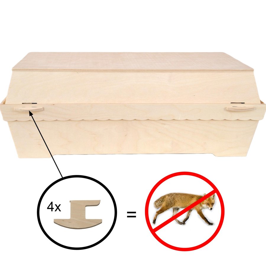 Pet casket with secure wooden wedge lock protecting against foxes and wildlife